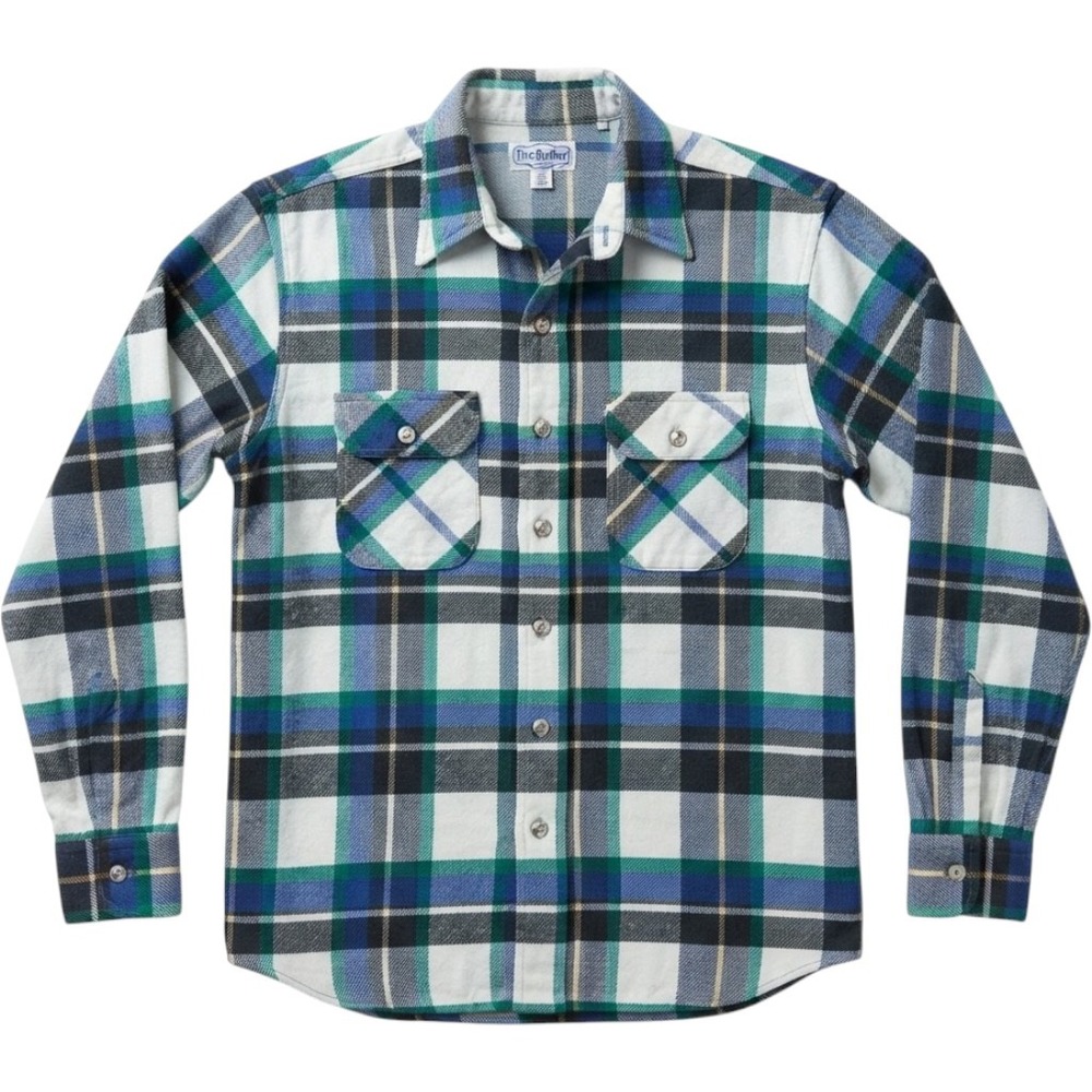 Vintage Five Brother Flannel Shirt Mens L Plaid Blue Green Made in USA 70s 80s